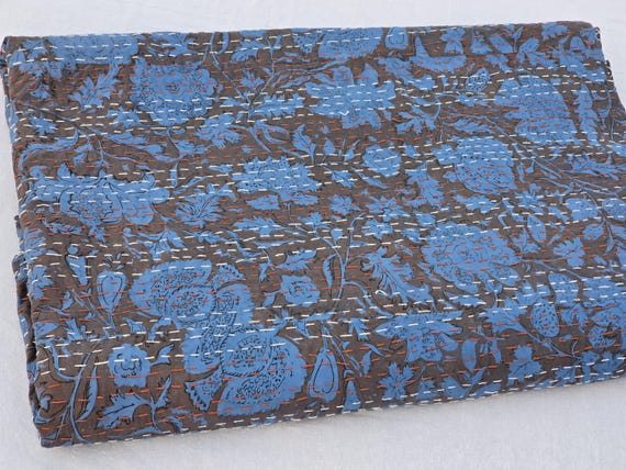 Blue Floral Kantha Quilt: Hand Block Print Indian Bedding