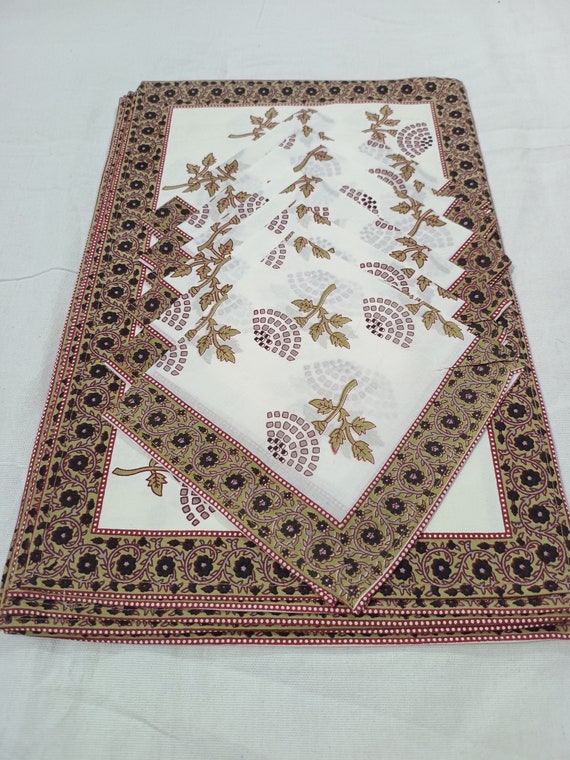 Premium Hand Block Printed Rectangle Table Cover Matching Table Runner With Napkins for 6 Seater Dinning Table Cloth Mat Set, Christmas Gift