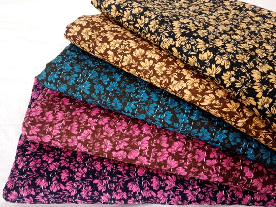 Handmade Kantha Quilt, Vintage Floral Block Print Bedding Vintage Bedding Quilt Gorgeous Quilt that has the Perfect Vintage look