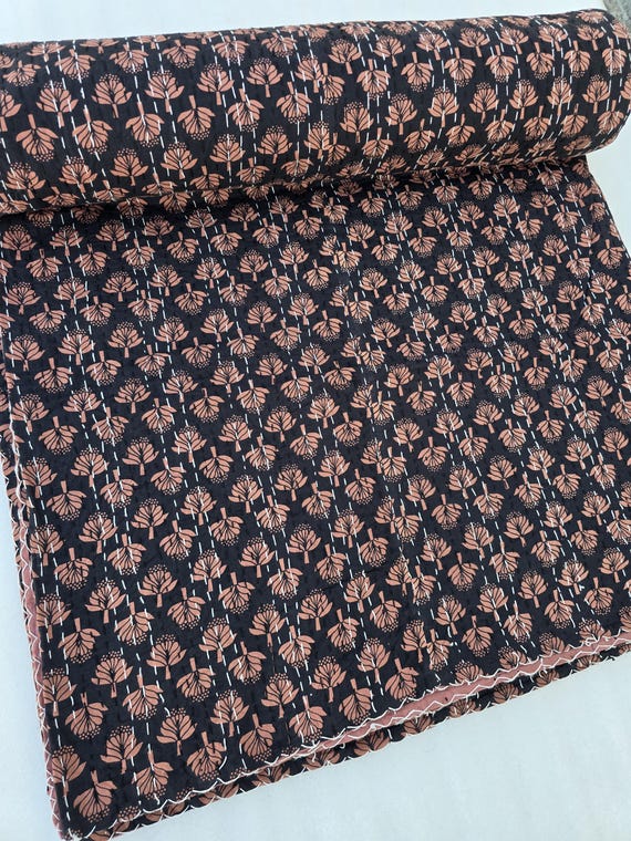 Floral Kantha Quilt: Handblock Print Indian Queen Size Quilt