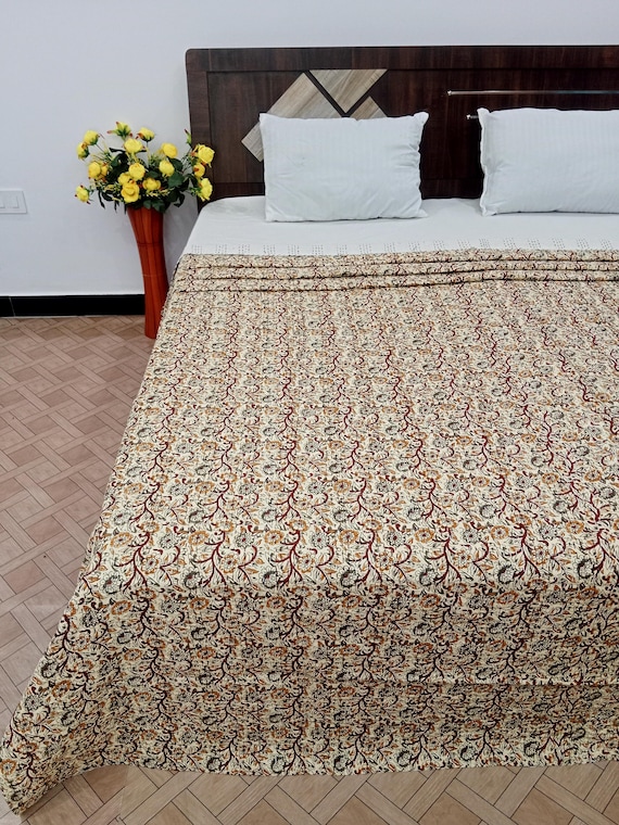 Kantha Quilt Bedding Hand Block Print Floral Blanket Indian Natural Color, Hand-Stitched Rural Kantha Bedding, Ethnic Home Décor Style