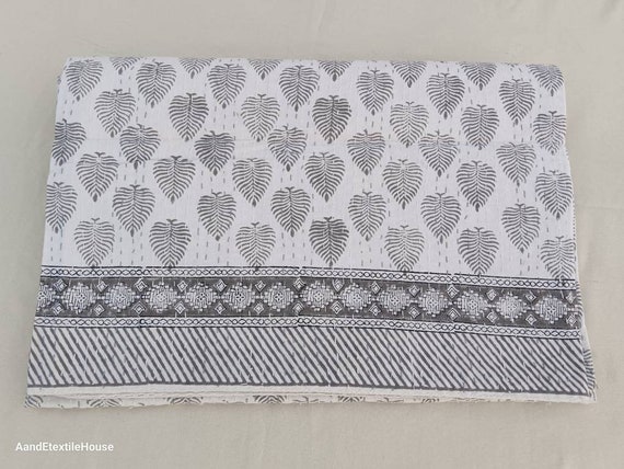 Hand Block Print Kantha Quilt: Grey Leaf Indian Bedding Throw