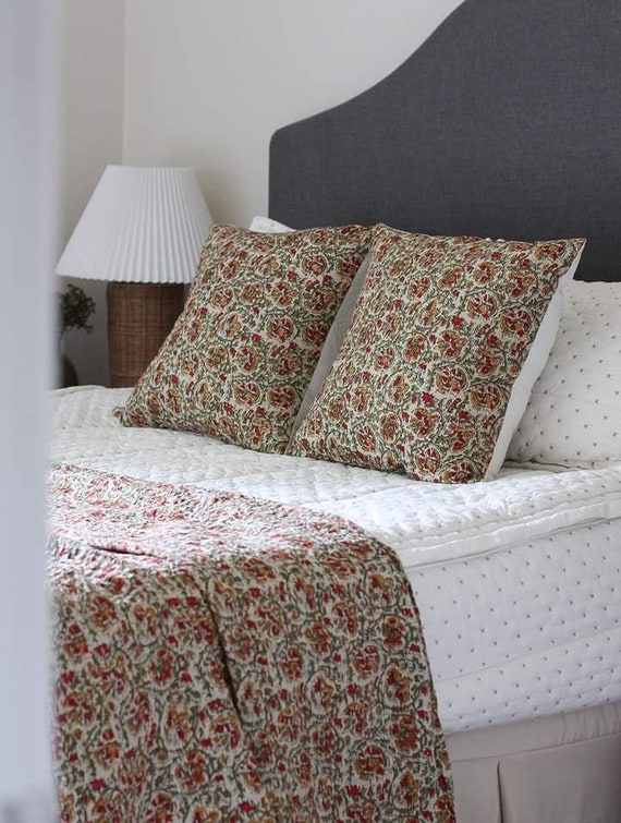 Floral Kantha Quilt Handblock Print floral Kantha Indian Netural Colour Indian inspired Bedding Hand Stitched quilts for sale handmade quilt