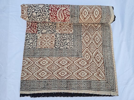 Kantha Quilt Bedding Hand Block Print Floral Blanket Indian Natural Color, Hand-Stitched Rural Kantha Bedding, Ethnic Home Décor Style