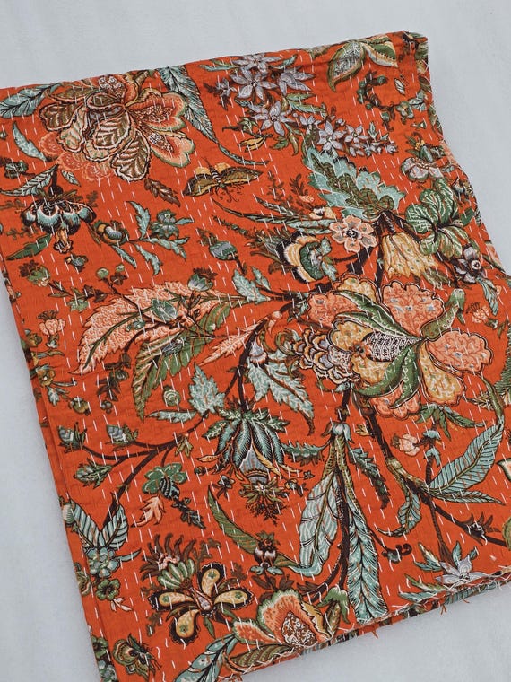 Orange Floral Kantha Quilt: Hand-Stitched Indian Cotton Bedspread