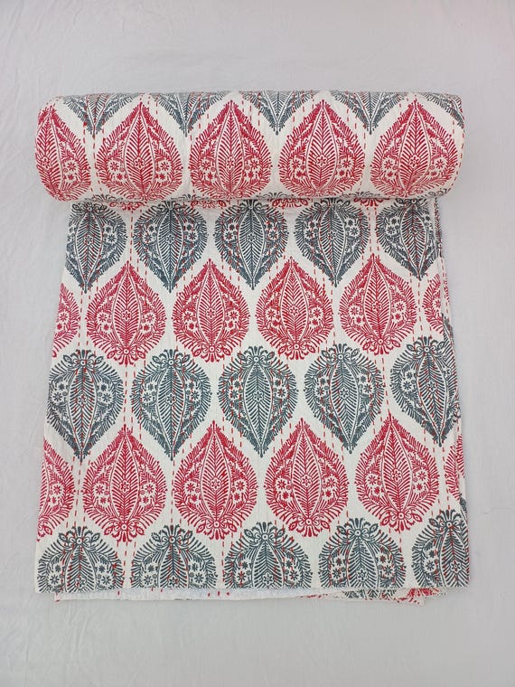 Handblock unique block printed textile. It displays special traditional designs and patterns Floral Vintage design kantha quilt