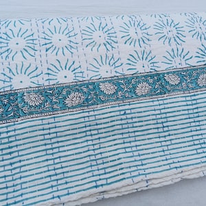 Blue Kantha Sun print Bordered  Design Indian HandBlock Print Bedding Bedspread Full size Queen Quilt Hand Stitched Kantha Quilt
