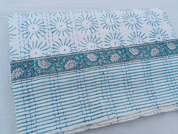 Blue Kantha Sun print Bordered  Design Indian HandBlock Print Bedding Bedspread Full size Queen Quilt Hand Stitched Kantha Quilt