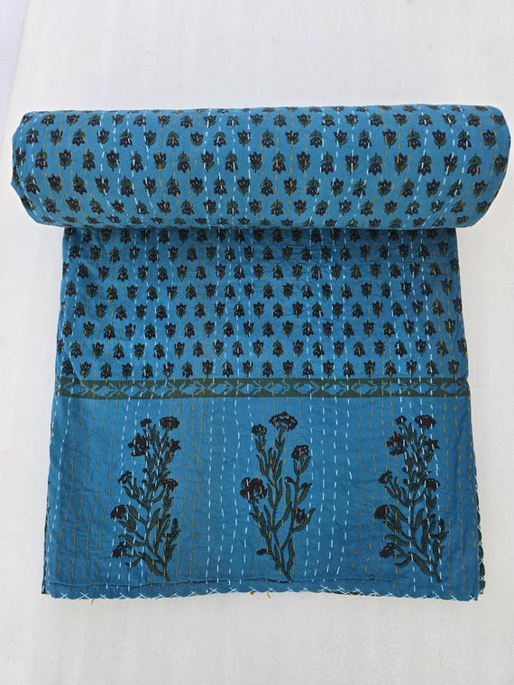 Blue Floral Handmade Kantha Vintage Floral Block Print Bedding Vintage Bedding Quilt Gorgeous quilt that has the Perfect Vintage Look