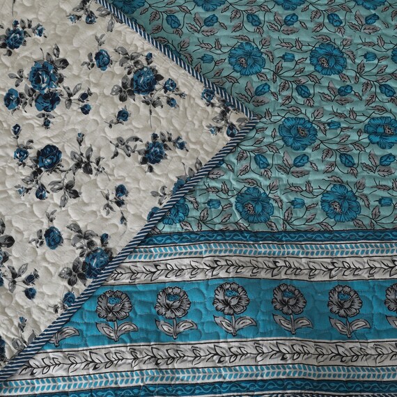 Handblock Floral Quilt Queen Size, Kantha Blanket with Vegetable Dyes