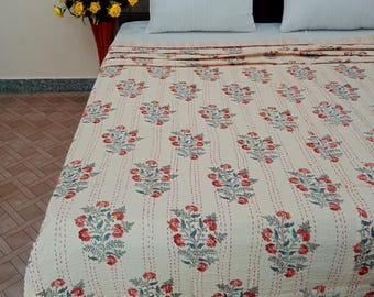 Handmade Floral Kantha Quilt, Indian Block Print Full Size Bedspread, Cotton Light Weight Quilt, Mustard Yellow Kantha, Hand Stitched Cover