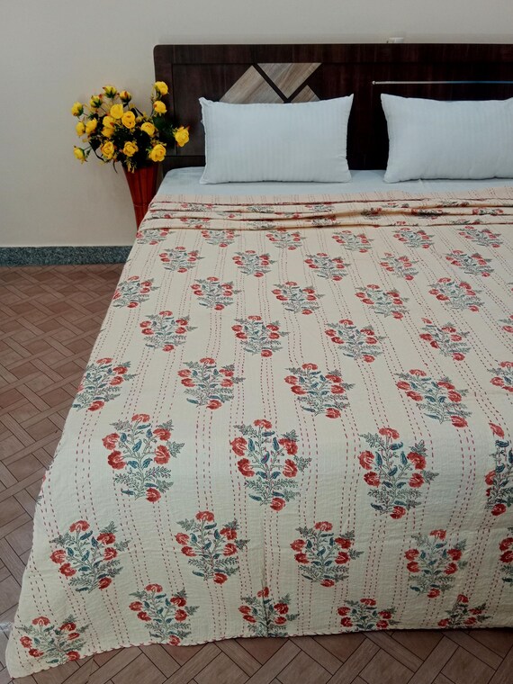 Asian design full size quilt for sale handmade Indian Block print bedding bedspread full size Kantha Quilted
