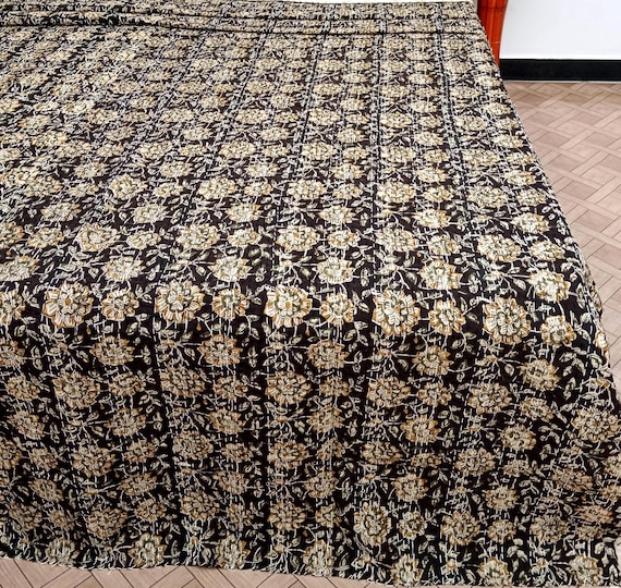 Kantha Quilt Bedding Hand Block Print Floral Blanket Indian Natural Color, Hand-Stitched Rural Kantha Bedding, Ethnic Home Décor Style