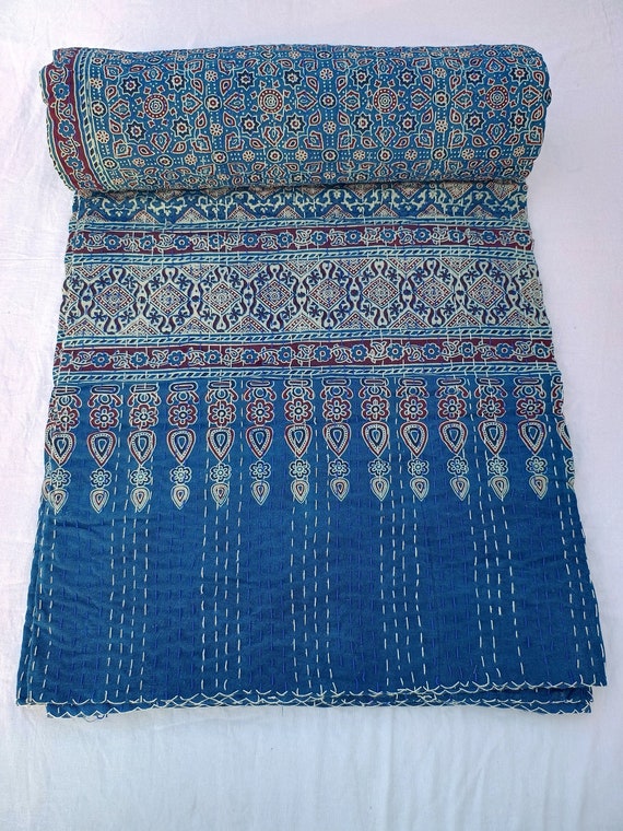 Premium Ajrak Assorted Kantha, Unique Block Printed Textile, Traditional Designs Blanket, Handcrafted Kantha Quilt, Ethnic Indian Bedding
