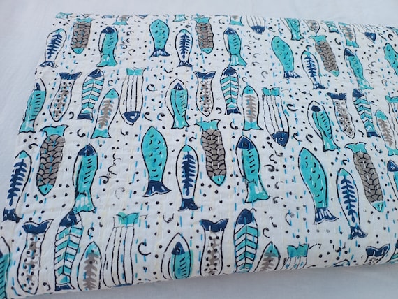 Fish Pattern kantha Quilt Queen Kantha Quilt Fish kantha Quilt Indian Fish Quilt Handmade Fish block print quilts - fish ocean nautical