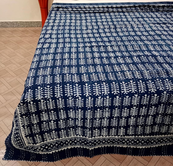 Indigo Blue white Kantha Quilt Indian Hand Block Print Bedding Bedspread All Size cotton quilts navy queen sized organic cotton quilt indigo
