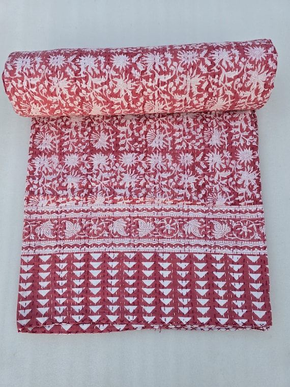 Premium Hand Block Print Kantha Quilt Flowers Indian Kantha Handmade Queen Size Blanket Quilt Boho Bedding Throw Home Decor sofa throw quilt