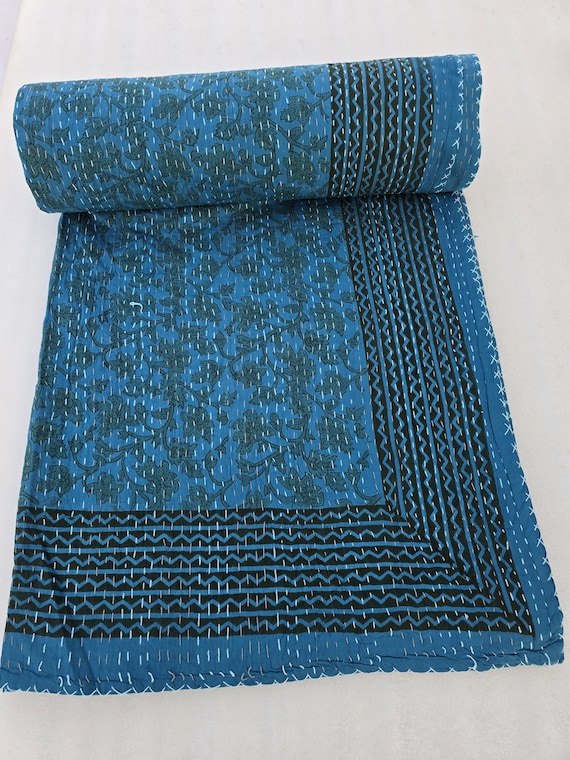 Floral Handmade Kantha Quilt, Vintage Floral Block Print Bedding Vintage Bedding Quilt Gorgeous quilt that has the perfect vintage look