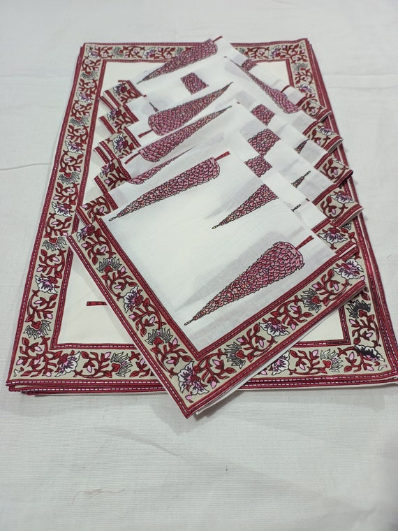 Premium Hand Block Printed Rectangle Table Cover Matching Table Runner With Napkins for 6 Seater Dinning Table Cloth Mat Set, Christmas Gift