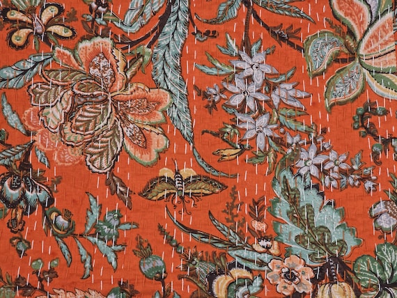 Orange Floral Kantha Quilt: Hand-Stitched Indian Bedding Bedspread floral printed cotton quilt Christmas Gifts