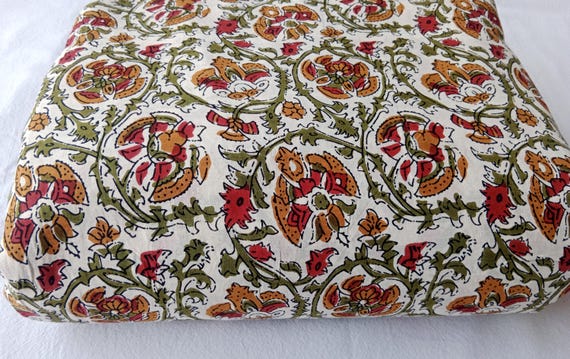 Hand Block Printed Cotton Fabric, Green Floral Print, Lightweight Block Print Fabric