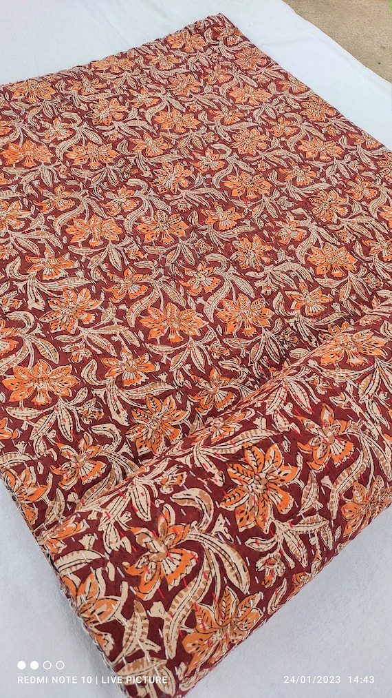 Luxury Kantha Quilt Hand block Print Floral Amanda Design, Indian Natural Color Bedding Hand Stitched Rural Quilt Indian-Inspired Home Decor