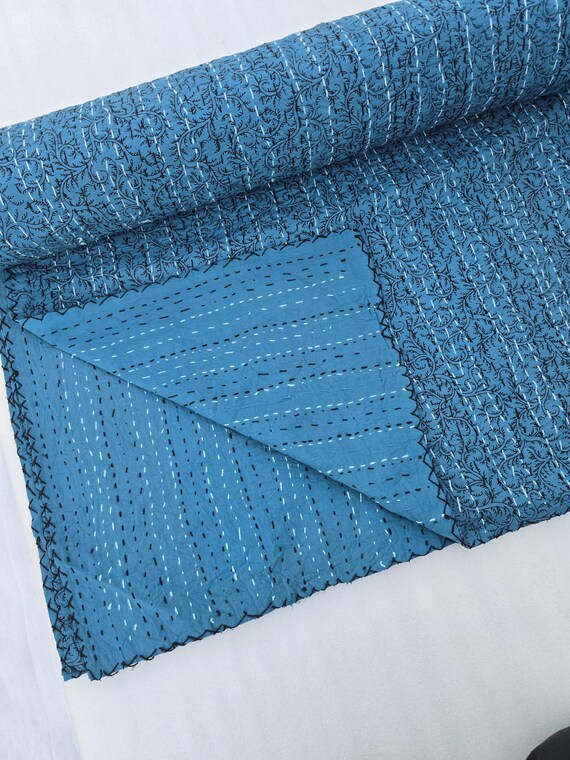 Floral Kantha Quilt: Handblock Print Indian Bedding