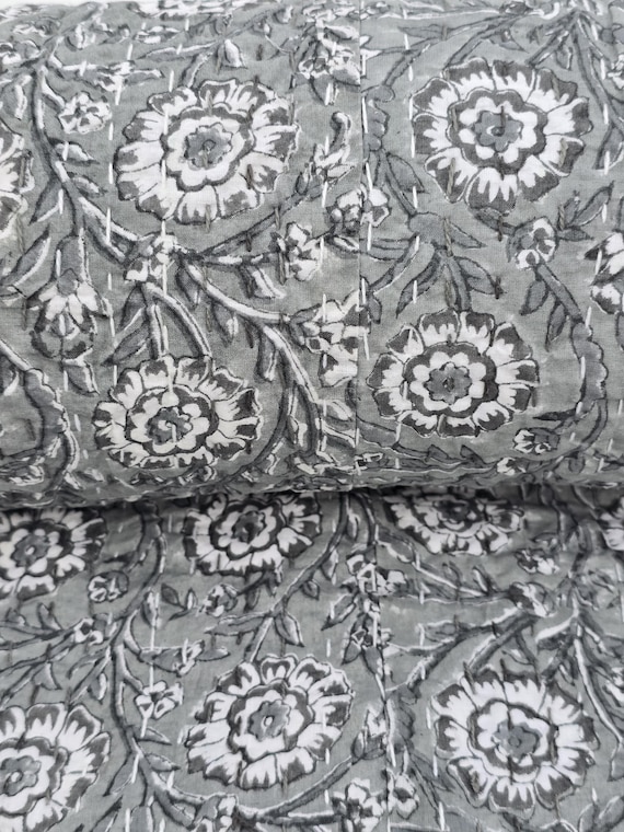 Gray Floral Kantha Quilt Block Print Quilt Handmade Quilt Indian Cotton Bedding Bedspread
