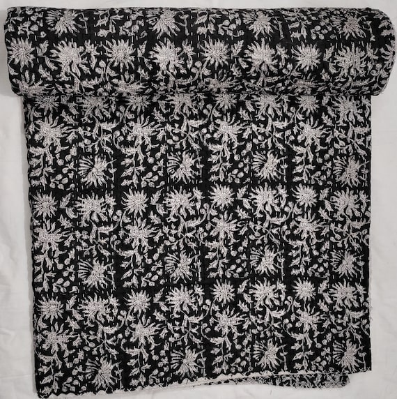 Elisa Kantha Quilt Hand block Print Black & white floral Kantha Indian Natural Color Indian inspired Bedding king Quilt Housewarming Gifts