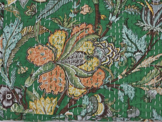 Christmas Floral Kantha Quilt: Hand-Stitched Indian Bedding Bedspread floral printed cotton quilt Christmas Gifts