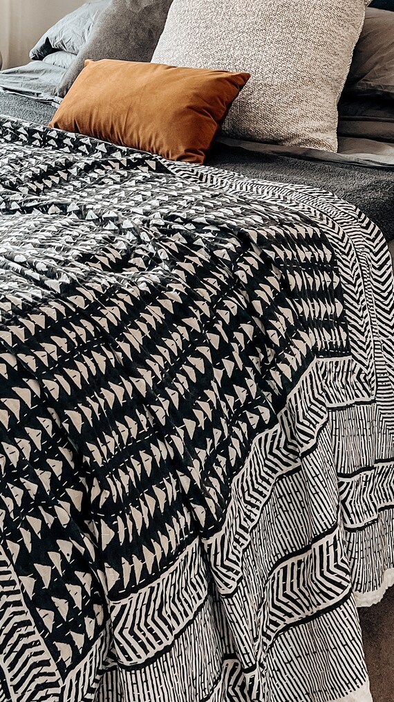 Black White Kantha Quilt, Vintage Block Print Cotton Throw, Hand Stitched Indian Blanket
