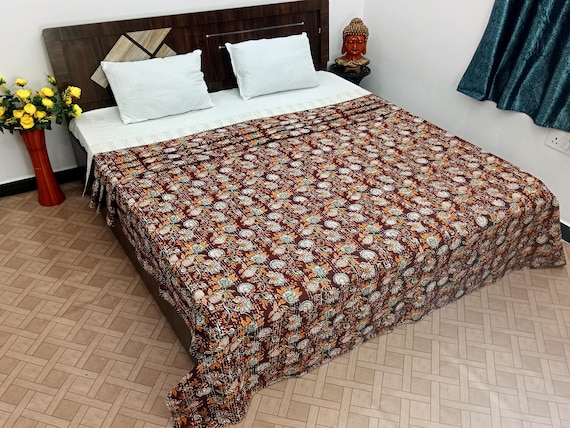 Kantha Quilt Bedding Hand Block Print Floral Blanket Indian Natural Color, Hand-Stitched Rural Kantha Bedding, Ethnic Home Décor Style