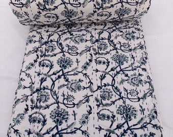 Colcha Kantha estampada con bloques, diseño floral de inspiración india, colcha de algodón, cosida a mano, estilo bohemio.
