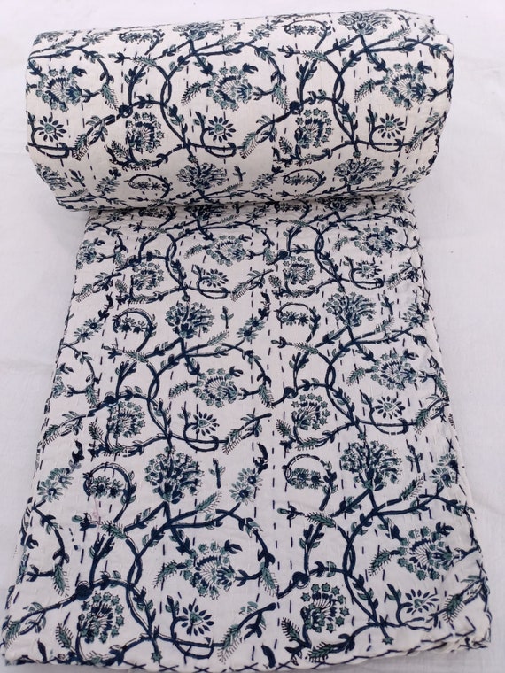 Handblock Print Kantha Quilt, Floral Indian Inspired Bedding Bedspread, Cotton, Hand Stitched Bohemian Vintage Bed Cover, Queen Size