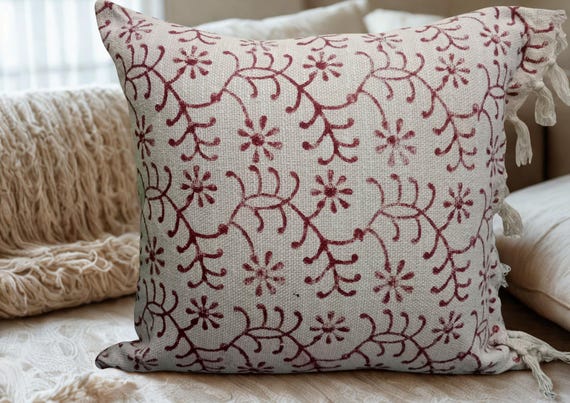 Hand Block Print Pillow Cover: Handmade Cotton Fringe Cushion Pillow Cover 20x20