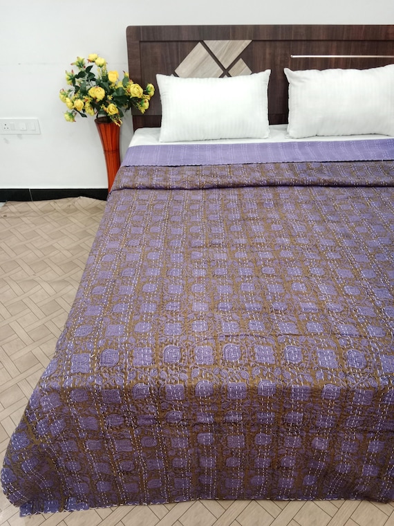Purple Floral Handmade Kantha Vintage Floral Block Print Bedding Vintage Bedding Quilt Gorgeous quilt that has the perfect vintage look