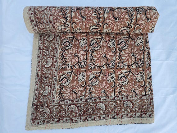 Kantha Quilt Bedding Hand Block Print Floral Blanket Indian Natural Color, Hand-Stitched Rural Kantha Bedding, Ethnic Home Décor Style