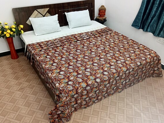 Burgundy Quilt Handmade Cotton Kantha Indian Natural Color Indian inspired Bedding burgundy bed burgundy floral blanket Quilt Burgundy Quilt