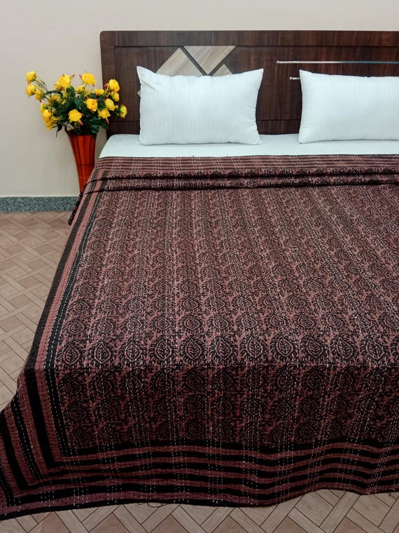 Premium Chocolate Brown Kantha Quilt, Elisa Hand Block Print Blanket, Indian Natural Color Floral Print Quilt Hand Stitched Vegetable Dye