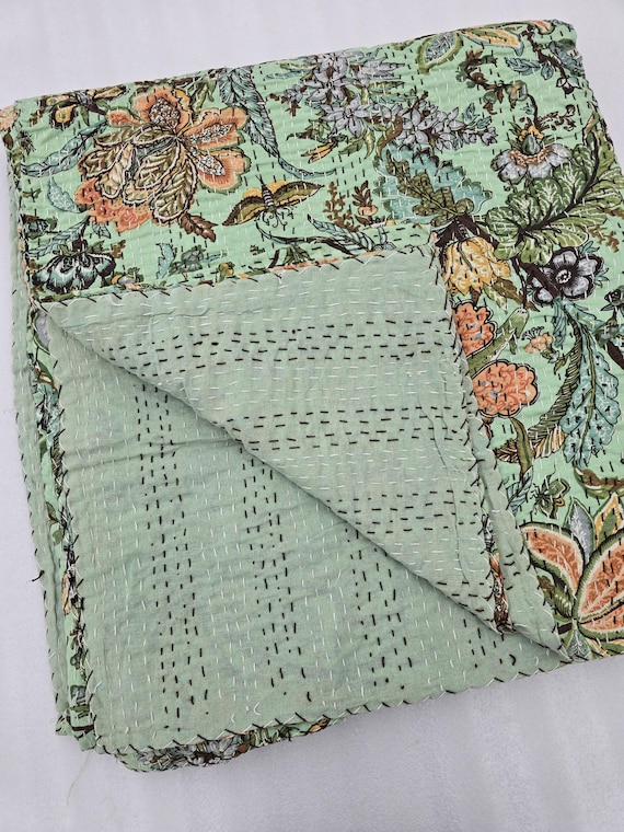 Floral Kantha Quilt: Hand-Stitched Indian Cotton Bedspread