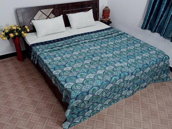 Hand Block Print Kantha Quilt: Floral Indian Cotton Bedding