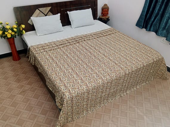 Kantha Quilt Bedding Hand Block Print Floral Blanket Indian Natural Color, Hand-Stitched Rural Kantha Bedding, Ethnic Home Décor Style