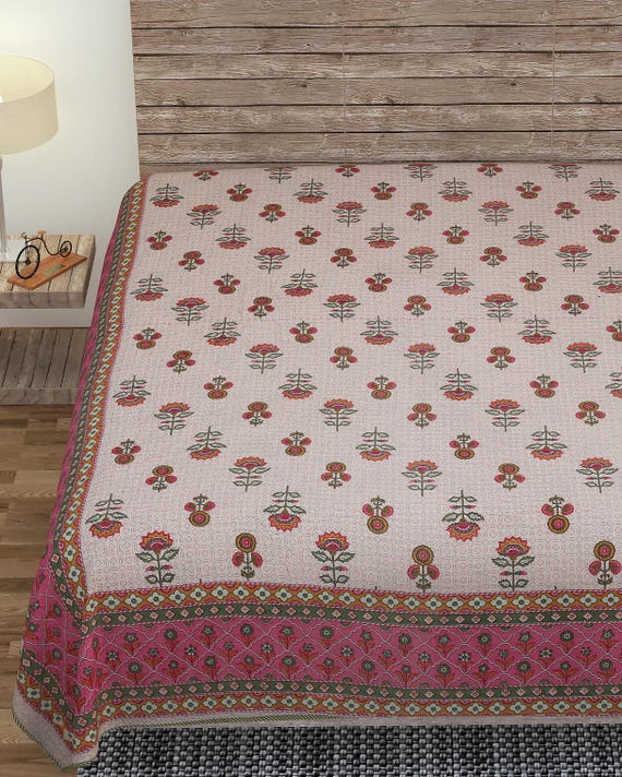 Quilt: Handblock Floral Print, Queen Size Quilt AC Blanket