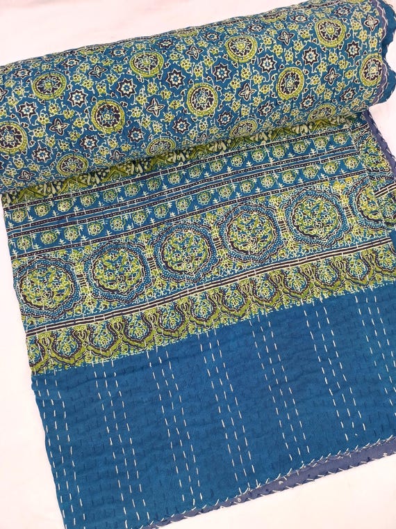 Ajrak or Ajrakh is a unique block printed textile. It displays special traditional designs and patterns Ajrak Vintage design kantha quilt