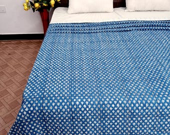 Block print kantha Quilt  Cotton Bedspread Blue Floral Handblock indigo