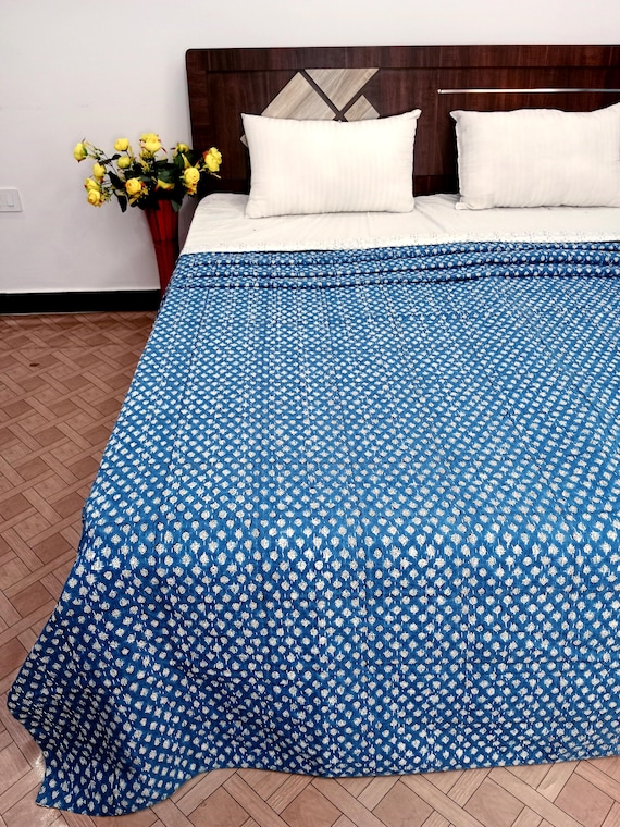 Block print kantha Quilt  Cotton Bedspread Blue Floral Handblock indigo