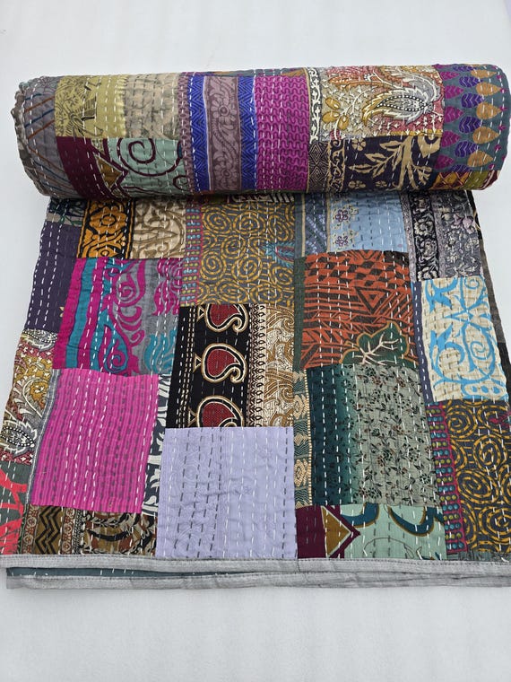 Indian Silk Patola Patchwork Handmade Kantha Quilt Assorted Patchwork Kantha Handmade Vintage Quilts Assorted Vintage style vintage design