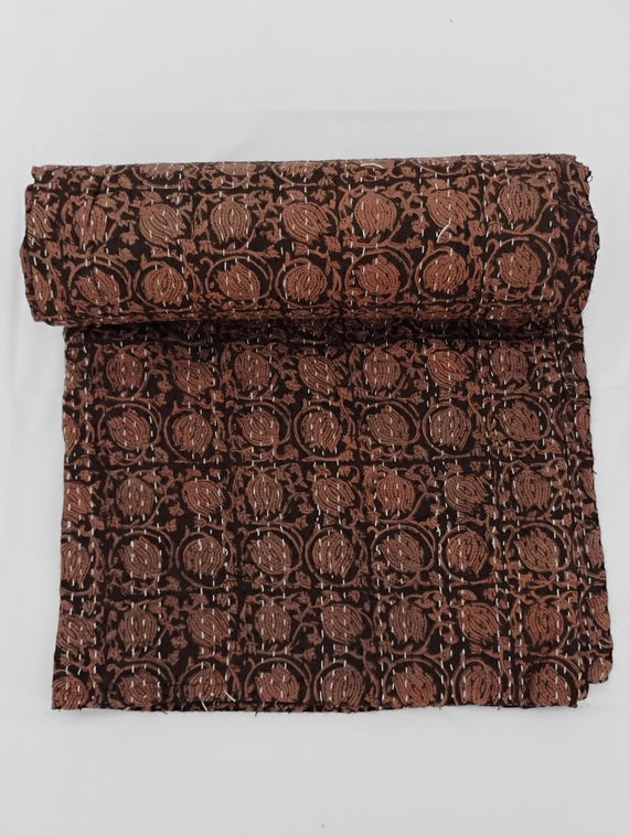 Chocolate Brown Floral Kantha Quilt: Hand Stitched Indian Cotton