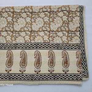 Hand Block Print Kantha Quilt: Floral Indian Blanket, Natural Cotton