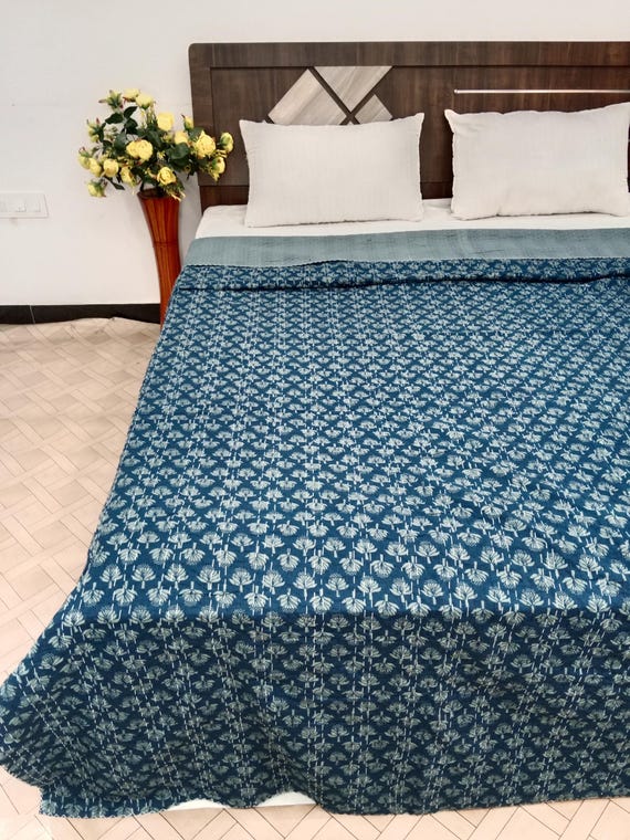 Floral Kantha Quilt: Handblock Print Indian Bedding